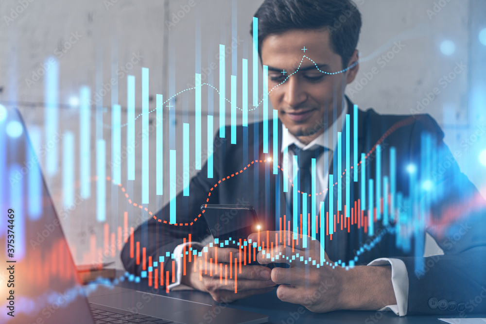 Poster trader in office working with smartphone, forex graph hologram to analyze market behavior, typing ph
