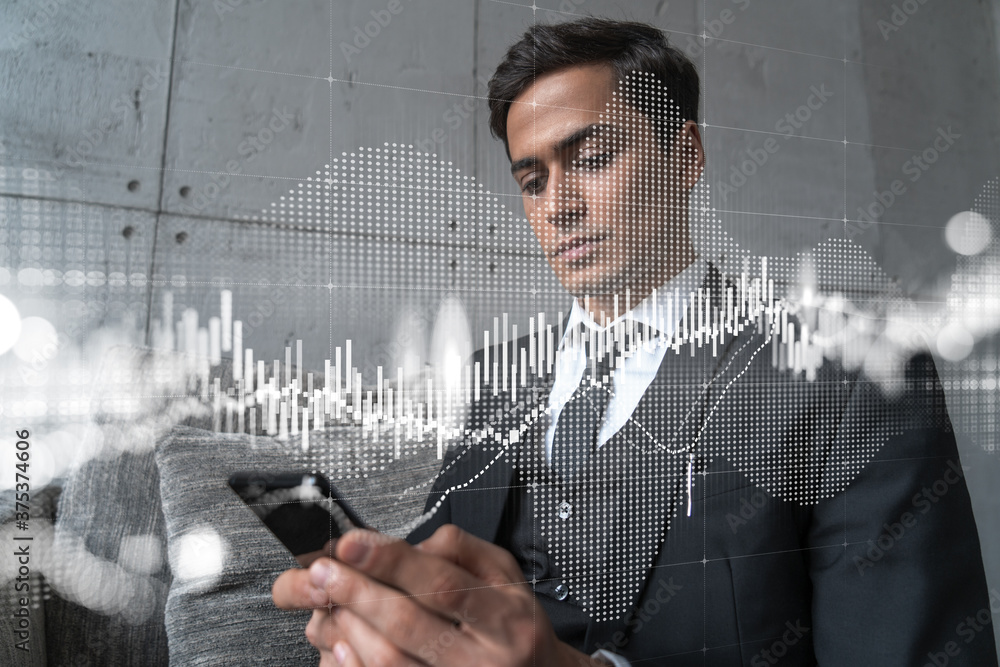Poster trader in office working with smartphone, forex graph hologram to analyze market behavior, typing ph