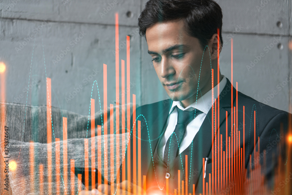 Poster trader in office working with smartphone, forex graph hologram to analyze market behavior, typing ph