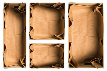 Open empty boxes of different sizes, isolated on a white background. Concept of delivery of food, clothing and other goods from an online store. A top view of a flat layout