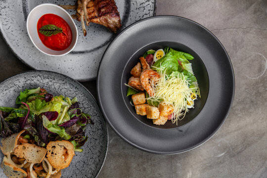 Table full of salads of Mediterranean cuisine