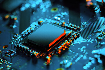 Electronic circuit board with electronic components such as chips close up. Blurry background.	

