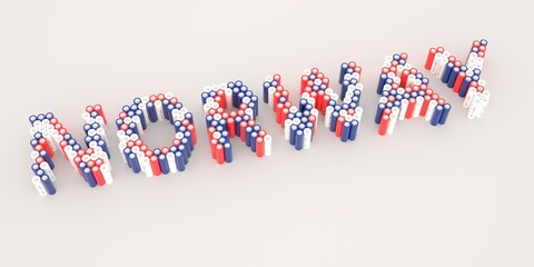 NORWAY text made with many batteries. Electrical technologies related 3d rendering