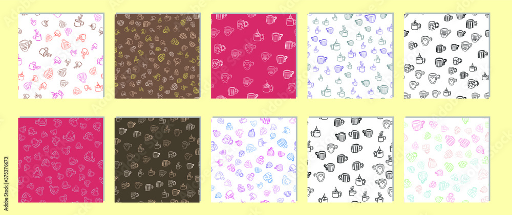 Poster set of vector seamless patterns with coffee and tea cups