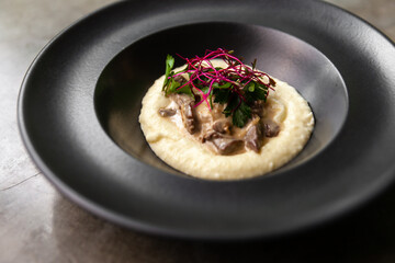 beef stroganoff with mashed potatoes.