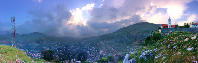 Othodox monastry of the Resurrection on a cliff above the village of Faraya and the valley in Mount Lebanon, Keserwen region, Lebanon