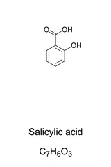 Salicylic acid chemical structure. Used in organic synthesis as plant hormone. Active metabolite of aspirin. Key ingredient in topical anti-acne and skincare products. Illustration over white. Vector.