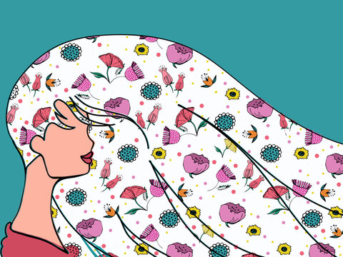 Profile of a girl with hair made of flowers. Romantic spring and feminine illustration.