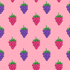 This is a seamless pattern of raspberry and blackberry on a pink background.