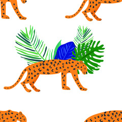 Beautiful seamless vector floral summer pattern background with tropical palm leaves, leopard. Perfect for wallpapers, web page backgrounds, surface textures, textile.