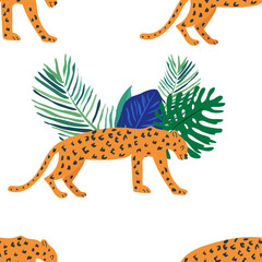 Beautiful seamless vector floral summer pattern background with tropical palm leaves, leopard. Perfect for wallpapers, web page backgrounds, surface textures, textile.