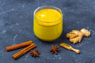 Traditional Indian drink turmeric milk is golden milk in glass mug with  turmeric and root ginger, cinnamon, anis star on dark background. Weight loss, healthy and organic drink. 