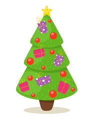 Christmas tree with decorative gifts. Vector illustration in cartoon flat style.