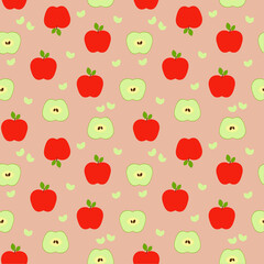  Seamless pattern: halves of green and red apples on a beige background. flat vector. illustration