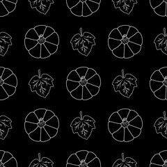 Seamless pattern with white outline pumpkins on a black background. Vector illustration. For modern background decoration, cards, banners, holiday designs, prints, wrappings, textiles, fabrics, etc.