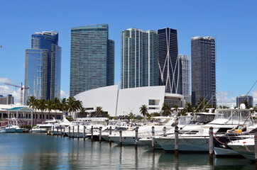 Luxury modern condominium towers overlooking a marina on the downtown Miami .Florida waterfront.