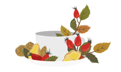 Obraz premium Tea with rose hips and ginger in a large white ceramic cup. Autumn Herbal tea. Vector illustration