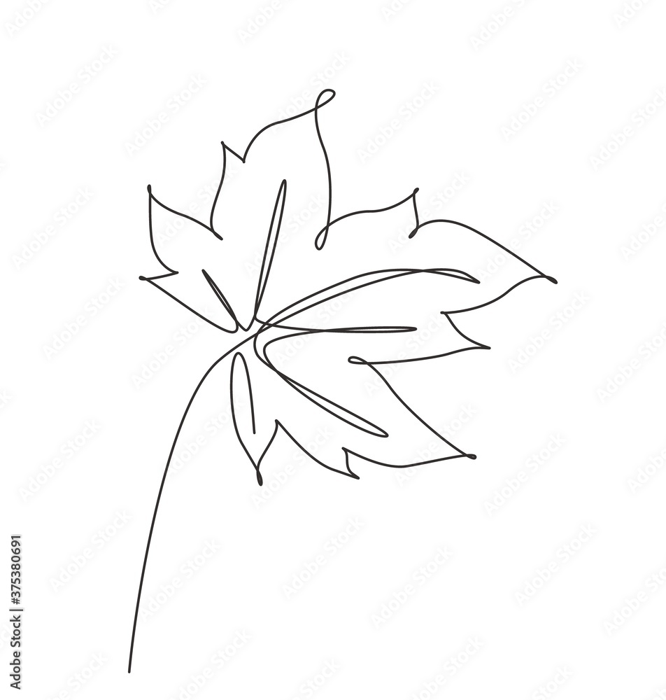 Wall mural one continuous line drawing abstract tropic spring maple leaf. minimal botany natural eco concept. h