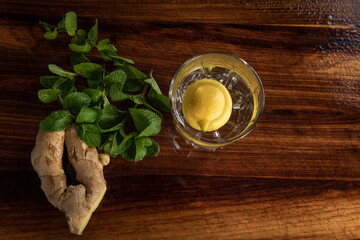 still life with lemon, mint, ginger, topshot
