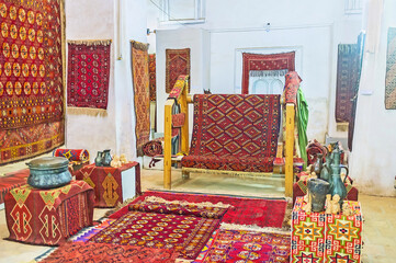 The collection of carpets in Carpet Museum in Bukhara, Uzbekistan