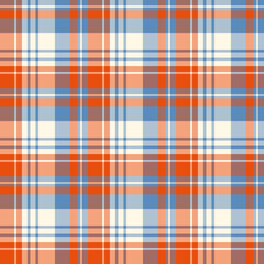 Seamless pattern in positive bright orange, blue and light beige colors for plaid, fabric, textile, clothes, tablecloth and other things. Vector image.