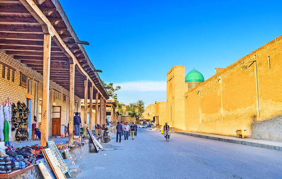 The tourist market along the wall  Po-i Kalan citadel in Bukhara, Uzbekistan