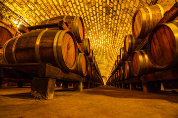 Oak barrels in wine cellars, Changli County, Hebei Province, China