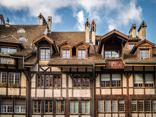Facade of an old half-timbered house in the old city of Bern, Switzerland