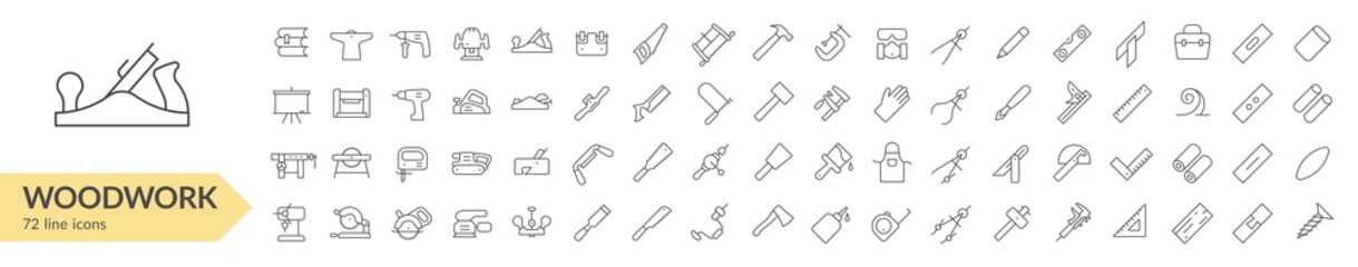 Woodwork tools line icon set. Isolated signs on white background. Vector illustration. Collection