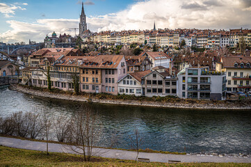 Panoramic view of the old city of Bern from the Bear Park (Baerengraben)