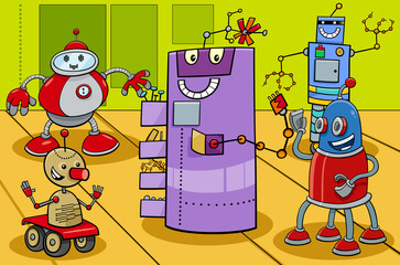 comic robot characters group cartoon illustration