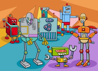 funny robot characters group cartoon illustration