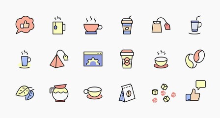 Set of Coffee and Tea Vector Line Icons. Contains such Icons as Cup of Tea, Teabags, Coffee beans and Green Tea Leaves, a pitcher of Water, Sugar Cubes and more. Editable Stroke. 32x32 Pixel Perfect