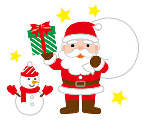 プレゼントを持ったサンタと雪だるまの可愛いクリスマスイラスト/白背景