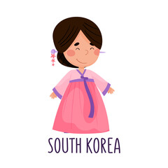 Smiling Girl Wearing National Costume of South Korea Vector Illustration