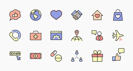 International Day for the Poor Vector Line Icons Set. Contains such Icons as Heart, planet Earth, Handshake, money, Donate, Medicines, Plane and more. Editable Stroke. 32x32 Pixel Perfect