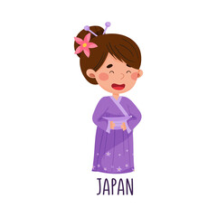 Smiling Girl Wearing National Costume of Japan Vector Illustration