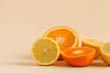 Juicy citrus fruits such as lemon, orange, tangerine. Vitamins, food to strengthen the immune system. Copy space.