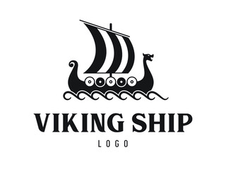 Viking dragon ship under sail with shields and waves. Vector logo design in black and white with text