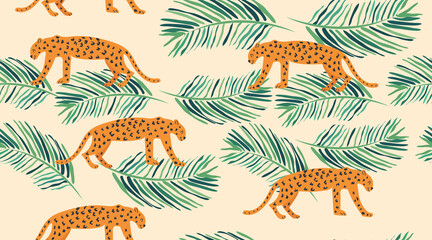Leopard pattern with tropical leaves. Vector seamless texture.