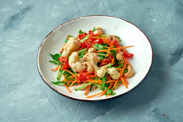 Healthy salad with baked vegetables: cauliflower, tomatoes, carrots and cucumber in a white bowl on a gray background