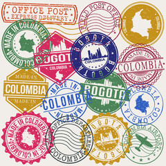 Bogota Colombia Set of Stamps. Travel Stamp. Made In Product. Design Seals Old Style Insignia. - obrazy, fototapety, plakaty