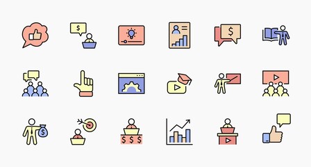 Set of Business Training Related Vector Line Icons. Contains such Icons as Teacher, Class, Presentation, Video, Book, Mentoring, Target and more. Editable Stroke. 32x32 Pixels.