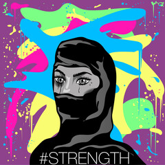 Strength, Young arab woman with bruises and tears on her face in a burqa. Bright color background. 