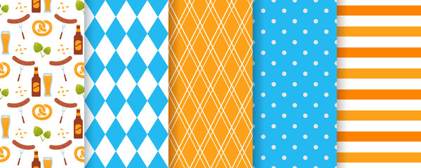 Oktoberfest seamless background. Octoberfest pattern. Vector. Prints with rhombus, beer, stripes and polka dot. Germany traditional wallpaper. Set of Bavarian diamond texture. Color illustration