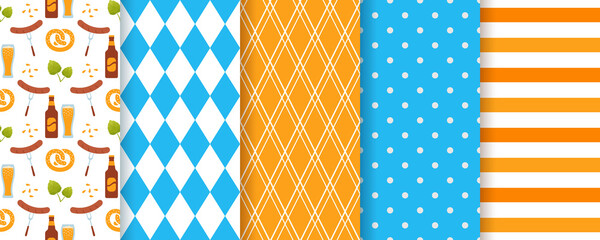 Oktoberfest seamless background. Octoberfest pattern. Vector. Prints with rhombus, beer, stripes and polka dot. Germany traditional wallpaper. Set of Bavarian diamond texture. Color illustration © Iryna