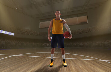 Basketball players on big professional arena during the game.
