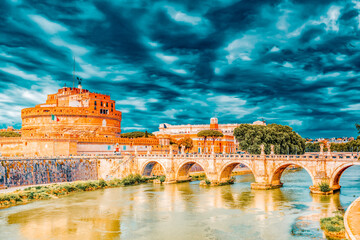 The Tiber River, Ponte Sant'Angelo Bridge, Sant'Angelo Castle. Rome, Italy.