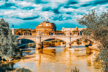 The Tiber River, Ponte Sant'Angelo Bridge, Sant'Angelo Castle. Rome, Italy.