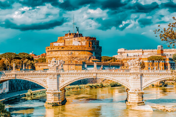Obraz premium The Tiber River, Ponte Sant'Angelo Bridge, Sant'Angelo Castle. Rome, Italy.
